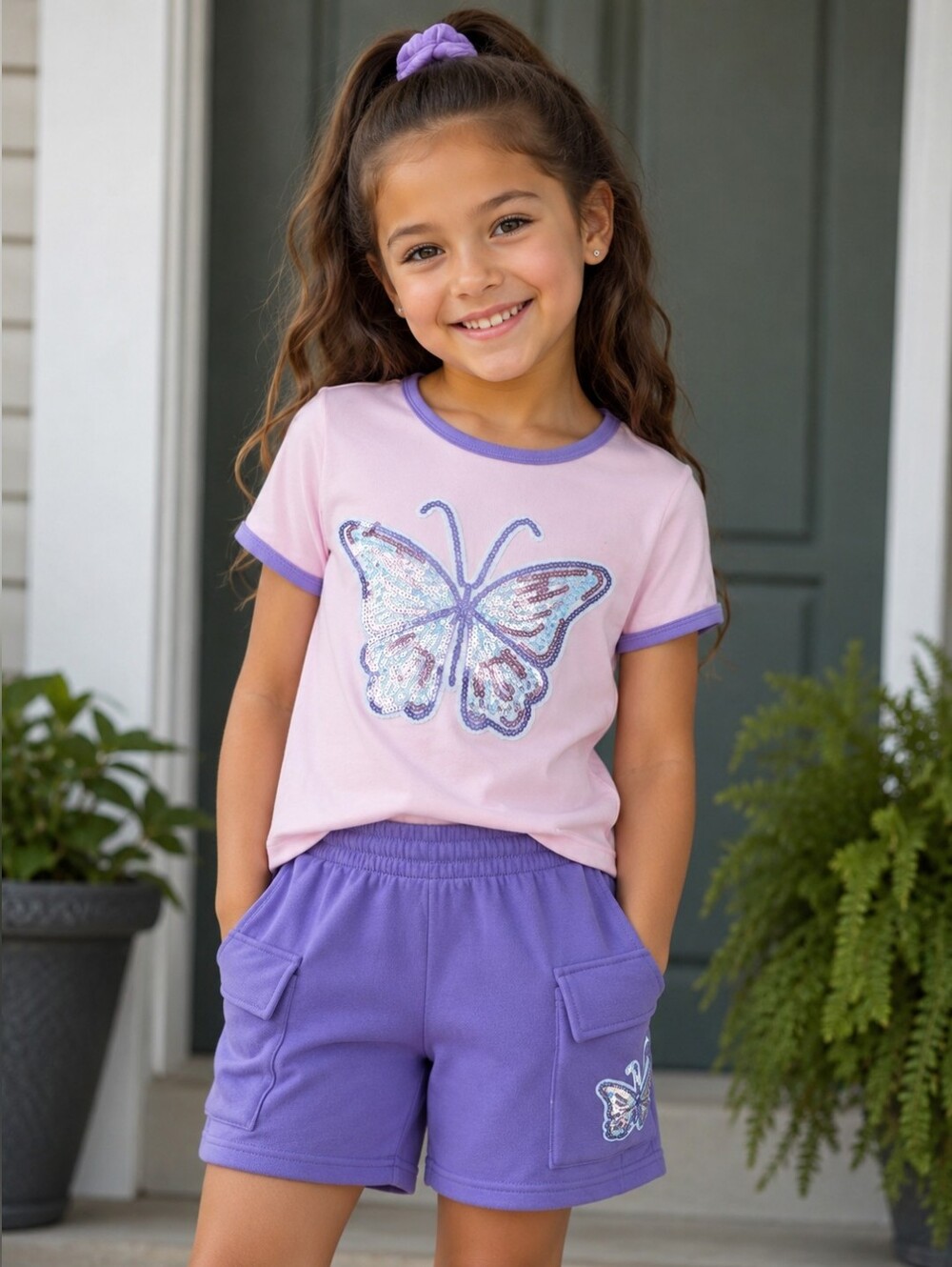 Girls Pink & Purple Butterfly Tee and Shorts Set